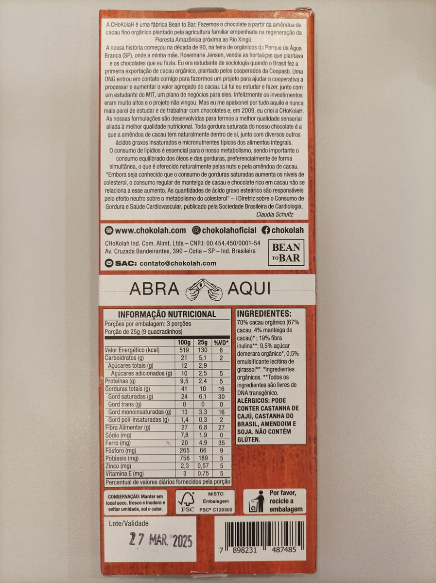 CHOCOLATE 70% CACAU DO XINGÚ ORGÂNICO CHOKOLAH 70G – Armazem do