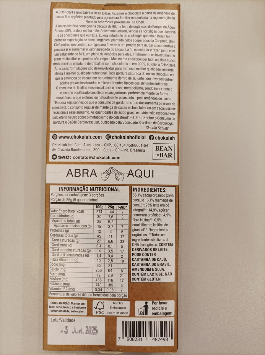 CHOCOLATE 55% CACAU DARK MILK CHOKOLAH 70G – Armazem do Campo On-Line