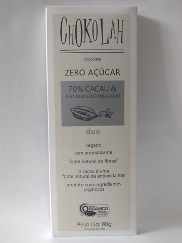 CHOCOLATE ZERO AÇÚCAR 70% CACAU & GIANDUIA CASTANHA CAJÚ CHOKOLAH 80G