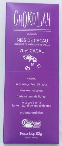 CHOCOLATE 70% COM NIBS ORGÂNICO CHOKOLAH 80G