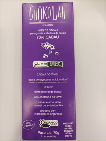 CHOCOLATE 70% COM NIBS ORGÂNICO CHOKOLAH 70G