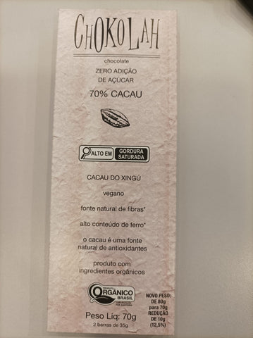 CHOCOLATE ZERO AÇÚCAR 70% CACAU ORGÂNICO CHOKOLAH 80G