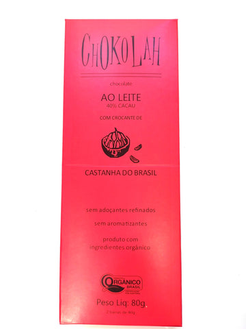 CHOCOLATE AO LEITE 40% CACAU COM CASTANHA DO BRASIL CHOKOLAH 80g
