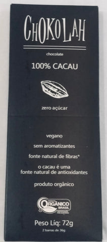 CHOCOLATE 100% CACAU ORGÂNICO CHOKOLAH 72G
